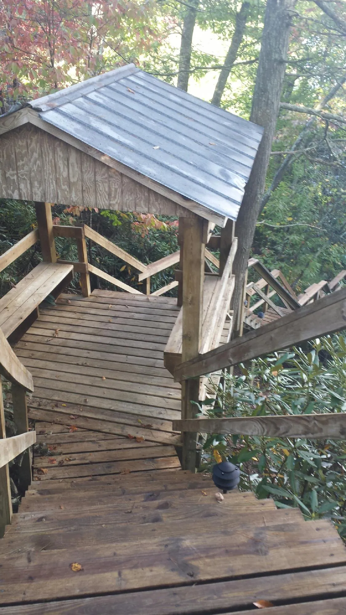 Metal roofed shelter over wooden steps on a wooded walkway — Skylight Repair & Installation work by our crew in Bernalillo